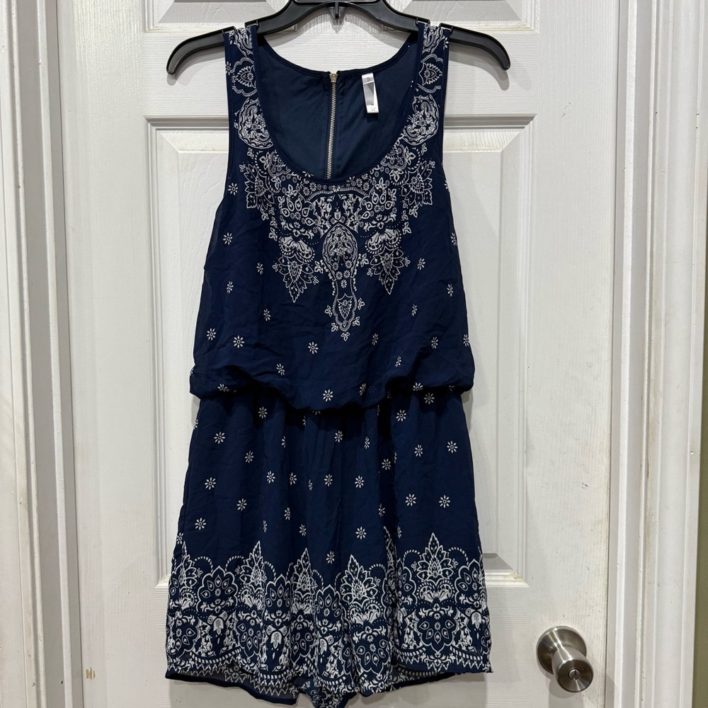 Xhilaration Navy and White Embroidered Romper